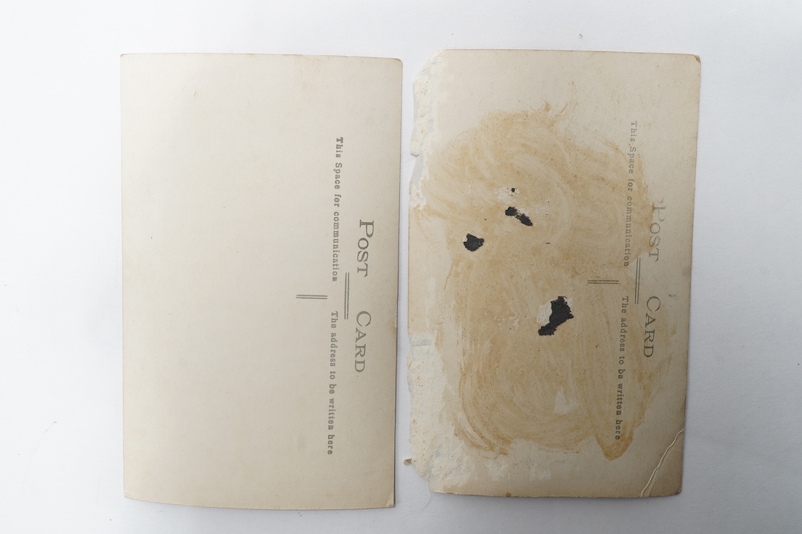 A First World War medal trio awarded to 2140 SJT. G. Watson. Argyll and Sutherland Highlanders, together with the related cap badge and two photographs of Watson in Highlanders uniform and printed as postcards